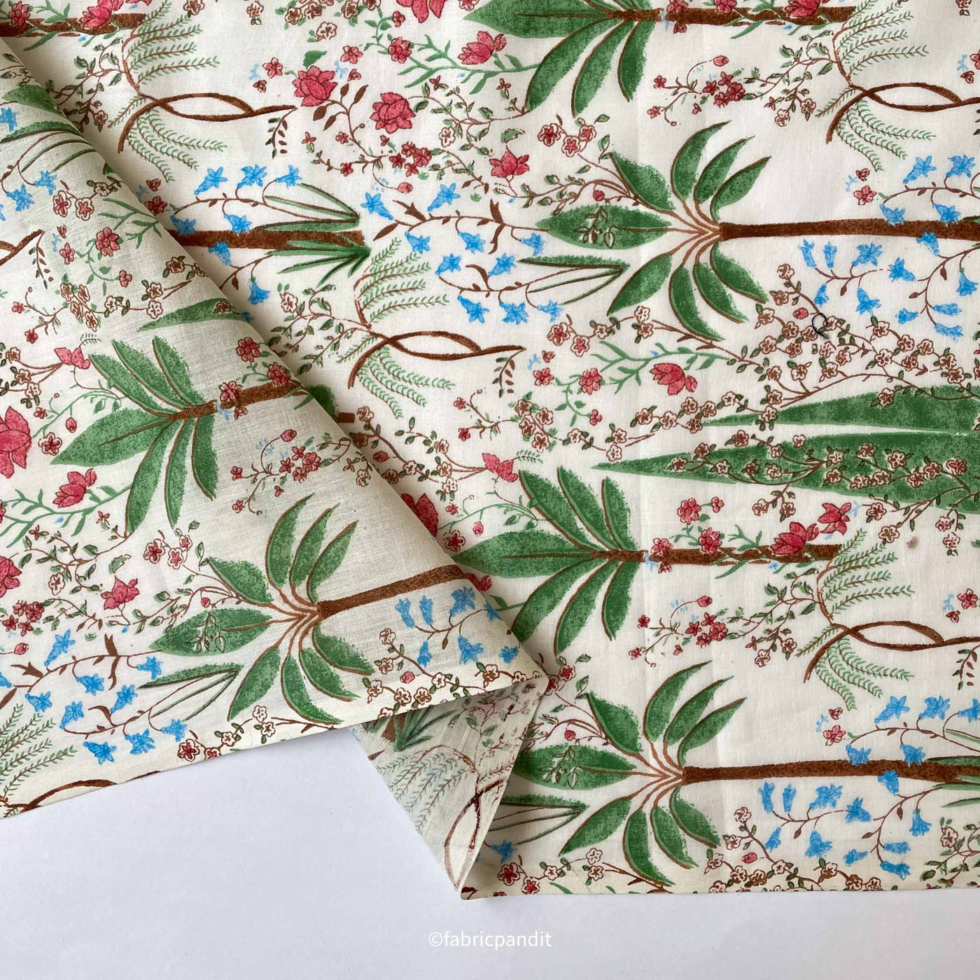 Fabric Pandit Fabric Fresh Green and Pink The Calm of Oasis Hand Block Printed Pure Mul Cotton Fabric