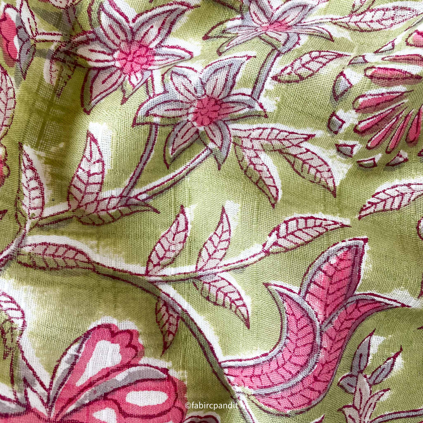 Fabric Pandit Fabric Green and Pink Mughal Flower Garden Hand Block Printed Pure Cotton Slub Fabirc (Width 43 inches)