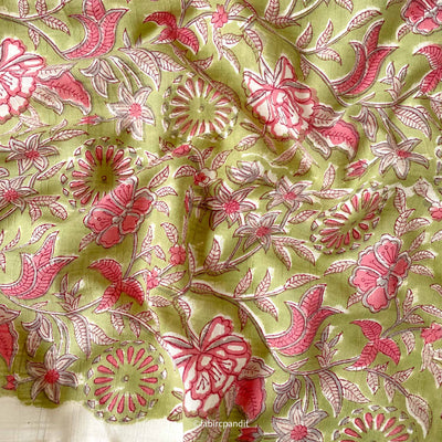 Fabric Pandit Fabric Green and Pink Mughal Flower Garden Hand Block Printed Pure Cotton Slub Fabirc (Width 43 inches)