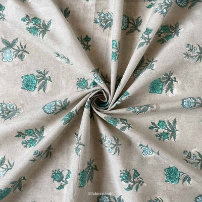 Fabric Pandit Fabric Grey and Turquoise Egyptian Floral Motifs Hand Block Printed Pure Cotton Fabirc (Width 43 inches)