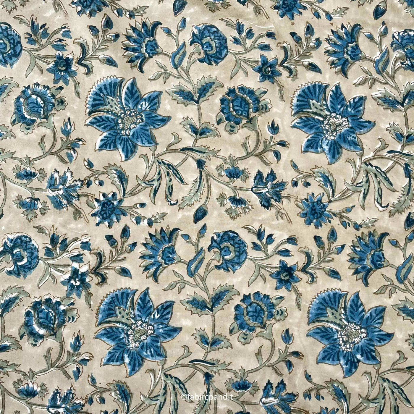 Fabric Pandit Fabric Grey and Water Blue Egyptian Floral Vines Hand Block Printed Pure Cotton Fabirc (Width 43 inches)
