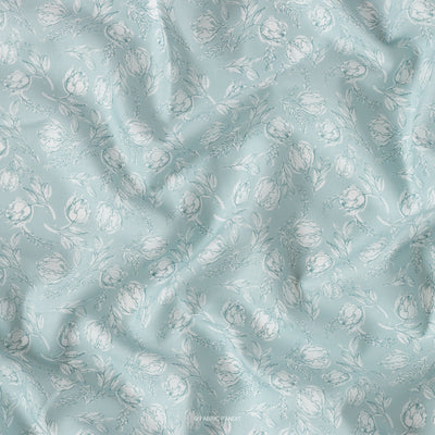 Fabric Pandit Fabric Ice Blue Tulip All Over Digital Printed Poly Blend Cambric Fabric (Width 43 Inches)