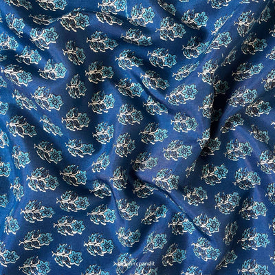 Fabric Pandit Fabric Indigo Blue and Turquoise Little Daisy Hand Block Printed Pure Muslin Fabric (Width 43 inches)