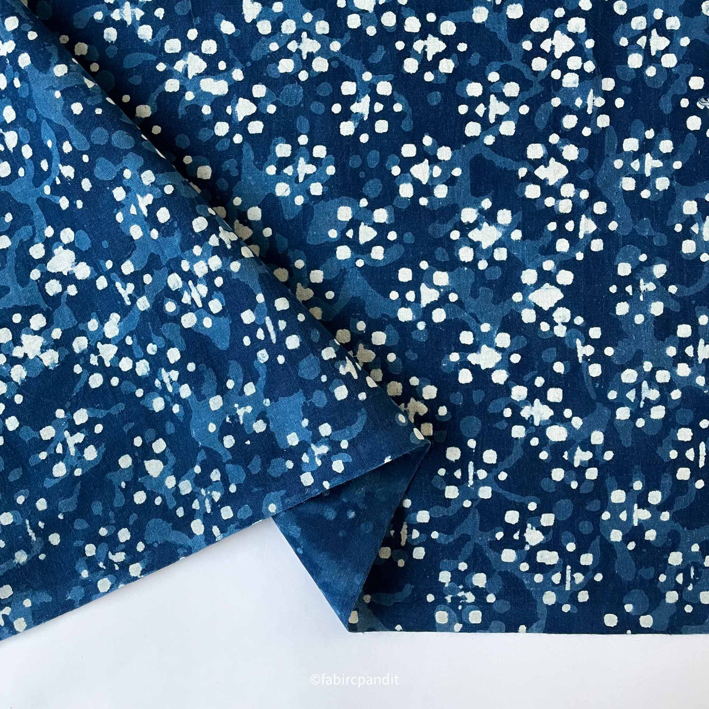 Fabric Pandit Fabric Indigo Dabu Natural Dyed Abstract Dots Hand Block Printed Cotton Fabric (Width 43 inches)