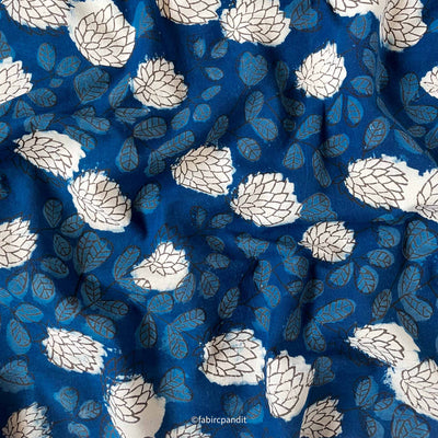 Fabric Pandit Fabric Indigo Dabu Natural Dyed Autumn Leaves Hand Block Printed Pure Cotton Fabric (Width 43 inches)