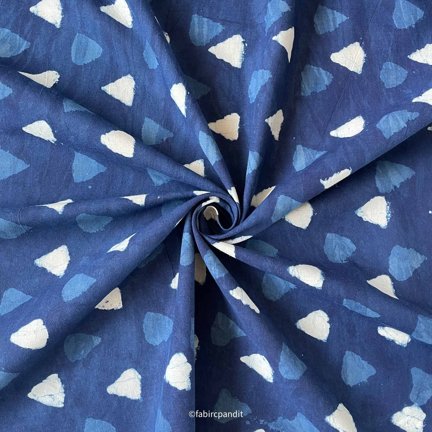 Fabric Pandit Fabric Indigo Dabu Natural Dyed White and Blue Triangles Hand Block Printed Pure Cotton Fabric (Width 43 inches)