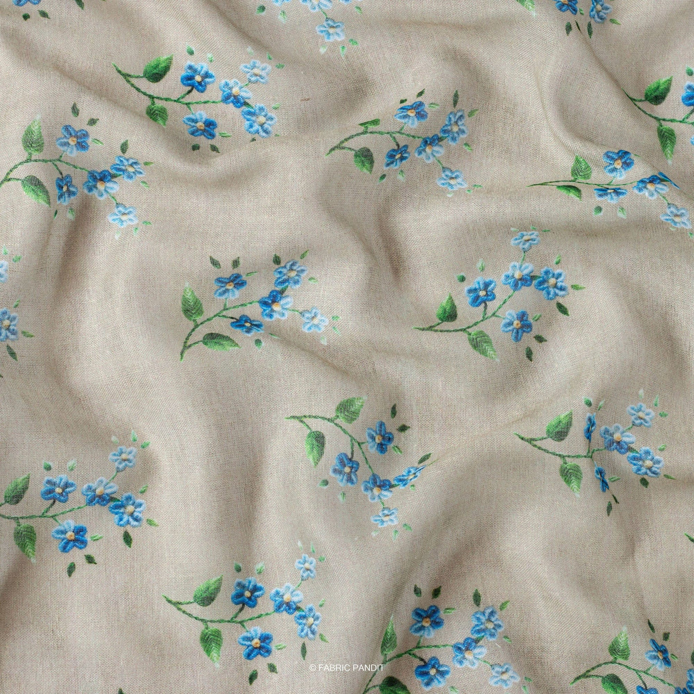 Fabric Pandit Fabric Khaki and Blue Flower Bunch Digital Printed Poly Blend Linen Neps Fabric (Width 44 Inches)