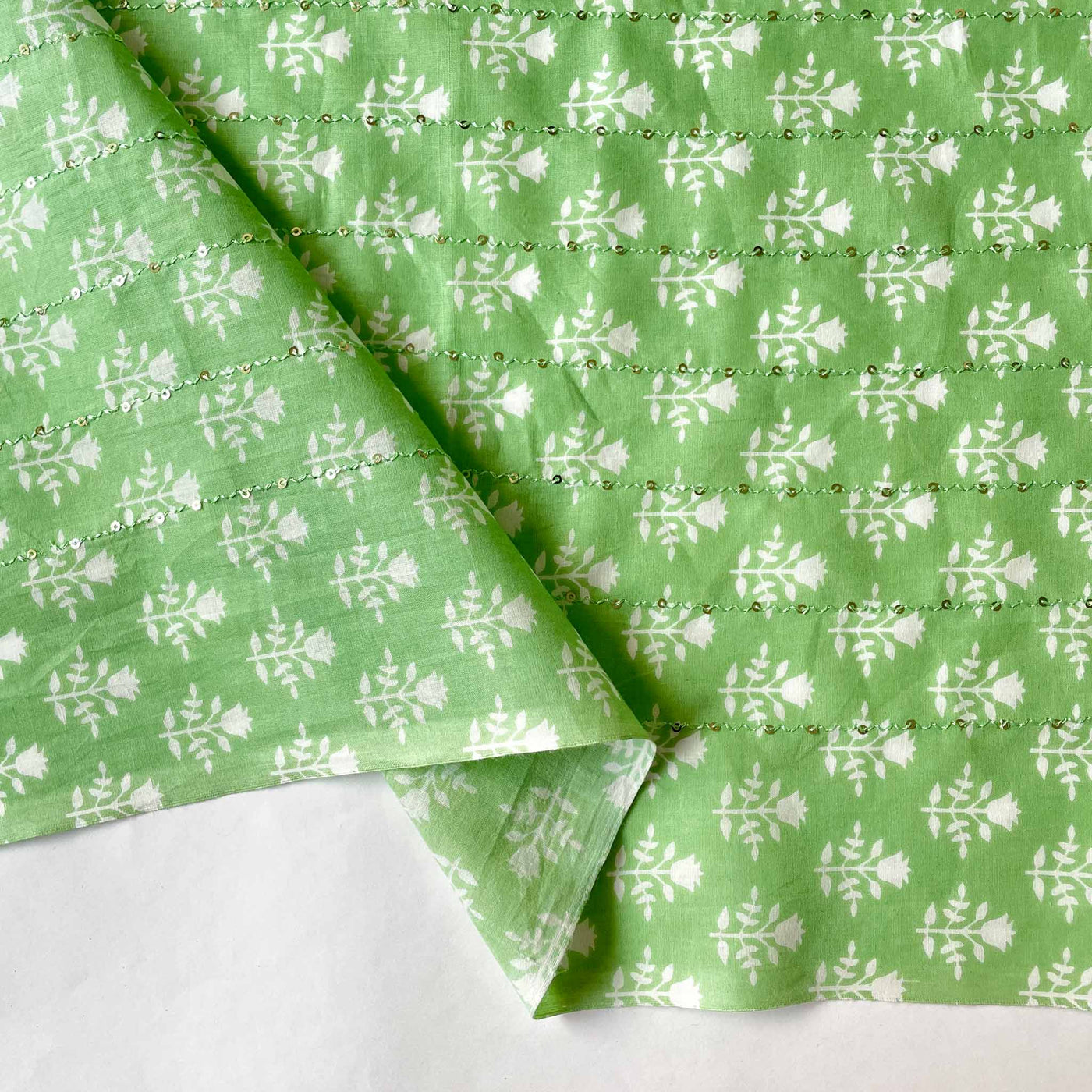 Fabric Pandit Fabric Leaf Green & White Royal Tulip Hand Block Printed Sequence Embroidered Pure Cotton Fabric (Width 42 Inches)