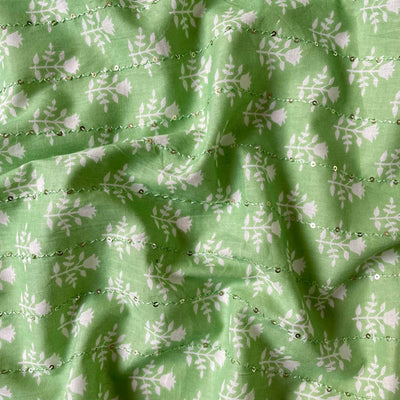 Fabric Pandit Fabric Leaf Green & White Royal Tulip Hand Block Printed Sequence Embroidered Pure Cotton Fabric (Width 42 Inches)