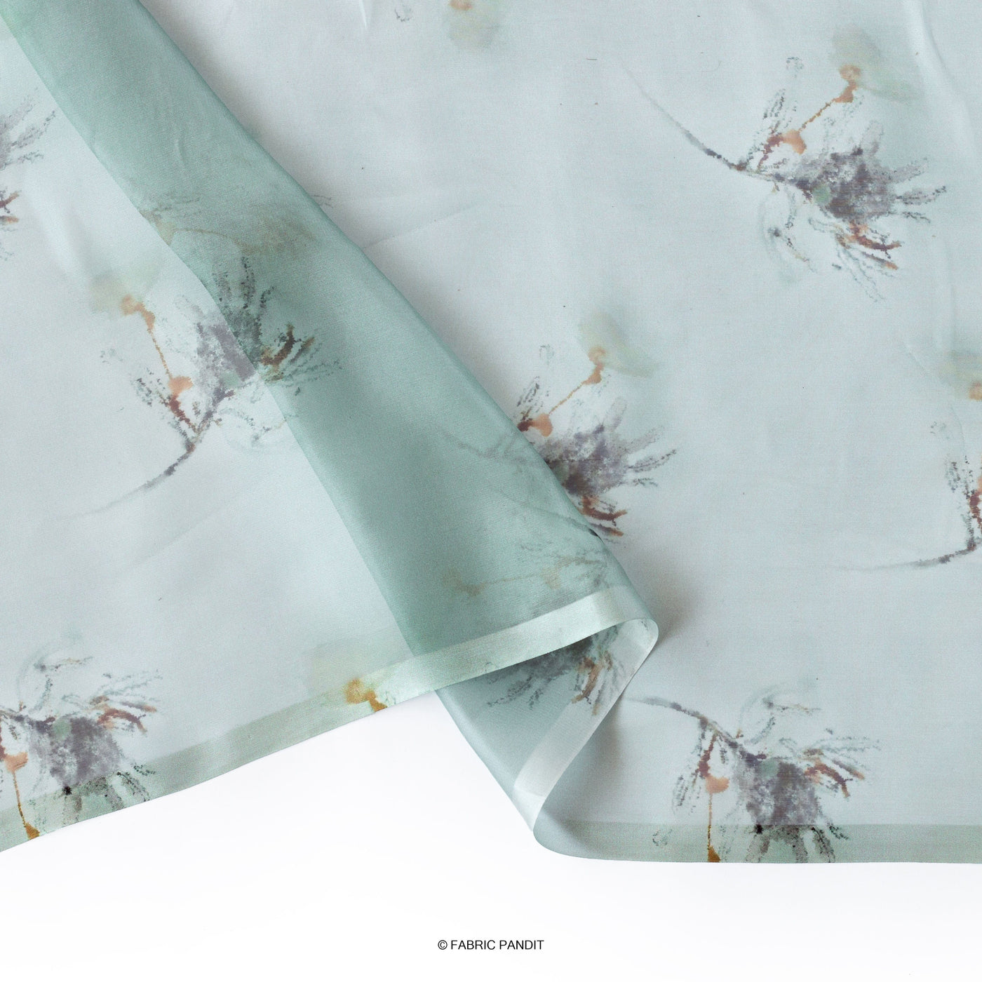 Fabric Pandit Fabric Light Aquamarine twigs and leaves Digital Printed Taby silk Fabric (Width 44 Inches)