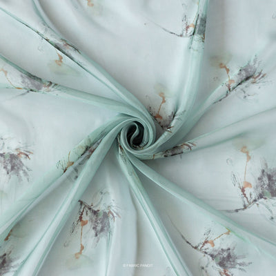 Fabric Pandit Fabric Light Aquamarine twigs and leaves Digital Printed Taby silk Fabric (Width 44 Inches)