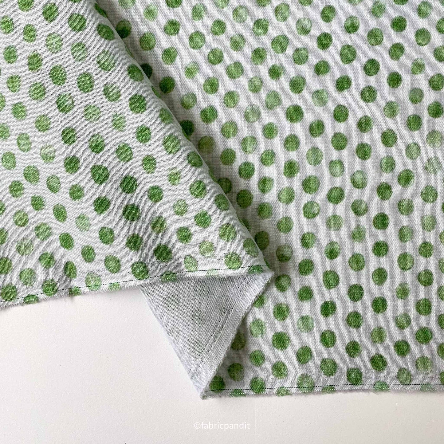 Fabric Pandit Fabric Light Green Polka Dots Digital Printed Pure Cotton Linen Fabric (Width 58 Inches)