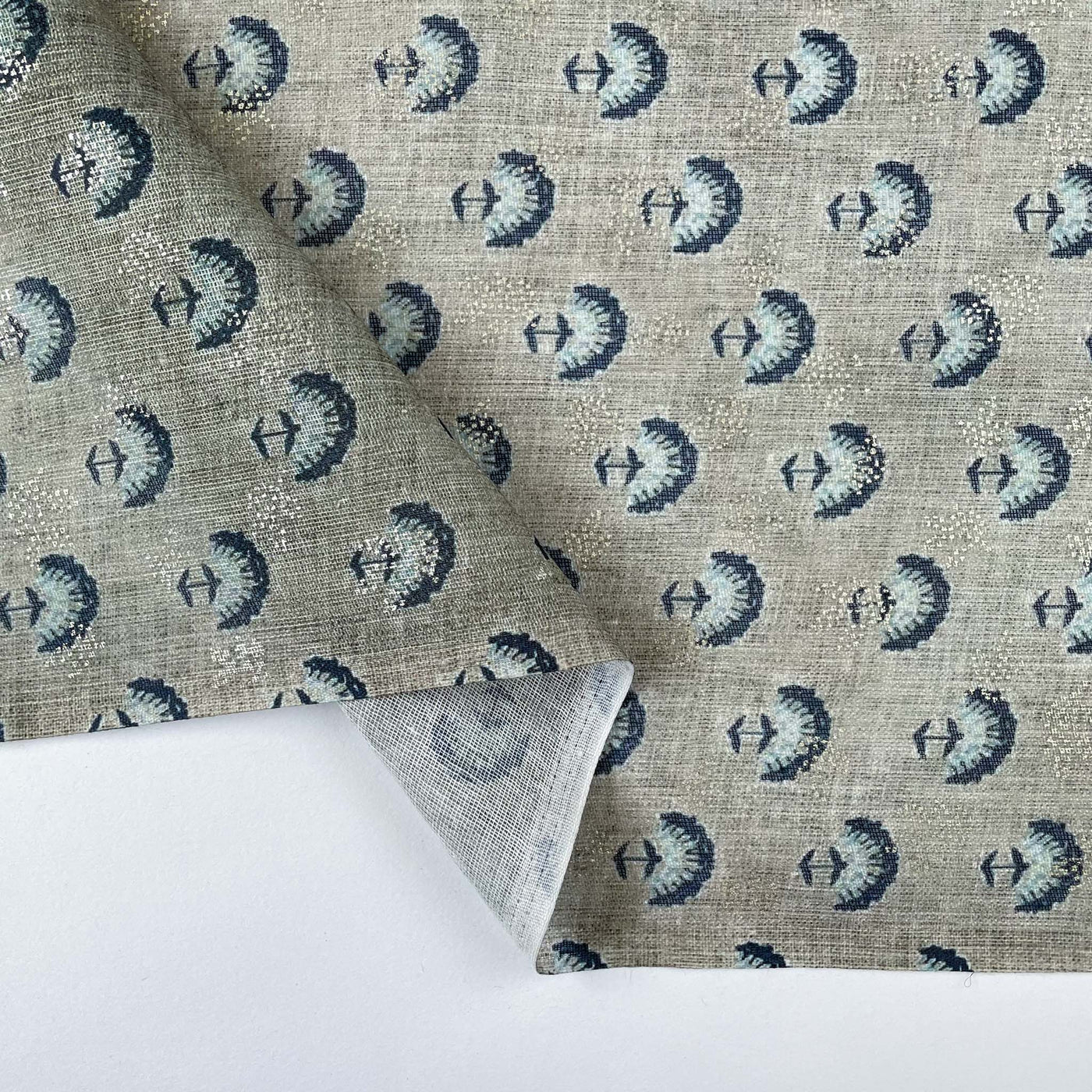 Fabric Pandit Fabric Light Grey and blue Egyptian Floral Digital & Foil Printed Linen Neps Fabric (Width 44 Inches)