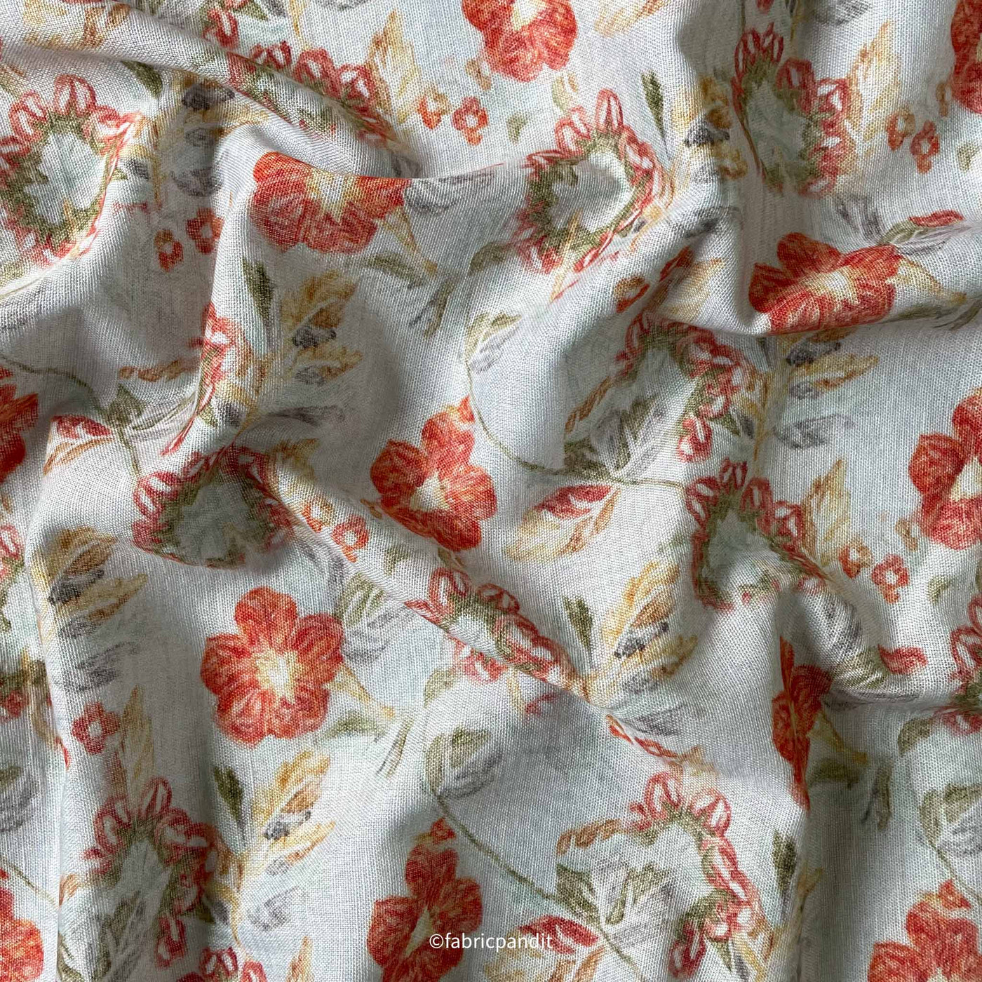 Fabric Pandit Fabric Light Grey & Peach Garden of Daisies Digital Printed Pure Cotton Linen Fabric (Width 58 Inches)