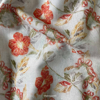 Fabric Pandit Fabric Light Grey & Peach Garden of Daisies Digital Printed Pure Cotton Linen Fabric (Width 58 Inches)