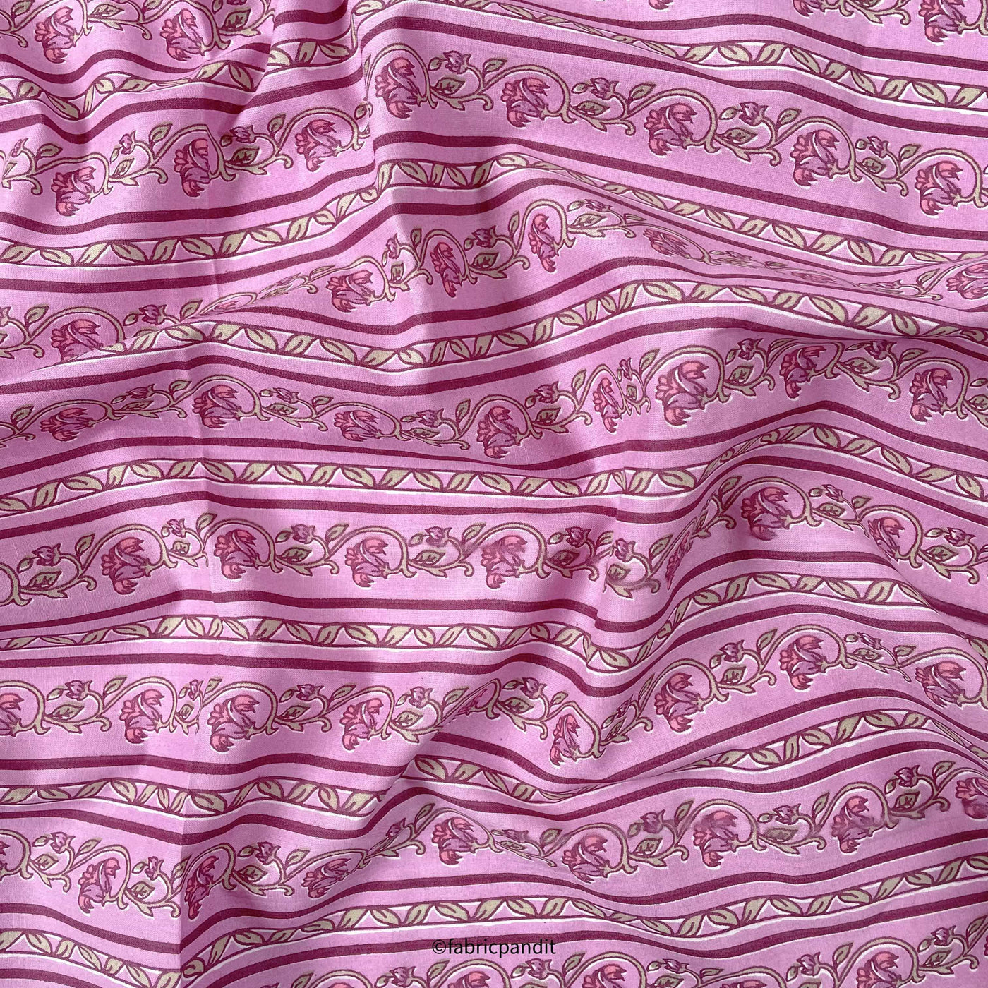 Fabric Pandit Fabric Light Magenta Floral Stripes Hand Block Printed Pure Cotton Fabric (Width 42 inches)