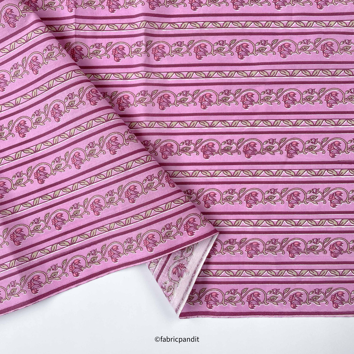 Fabric Pandit Fabric Light Magenta Floral Stripes Hand Block Printed Pure Cotton Fabric (Width 42 inches)