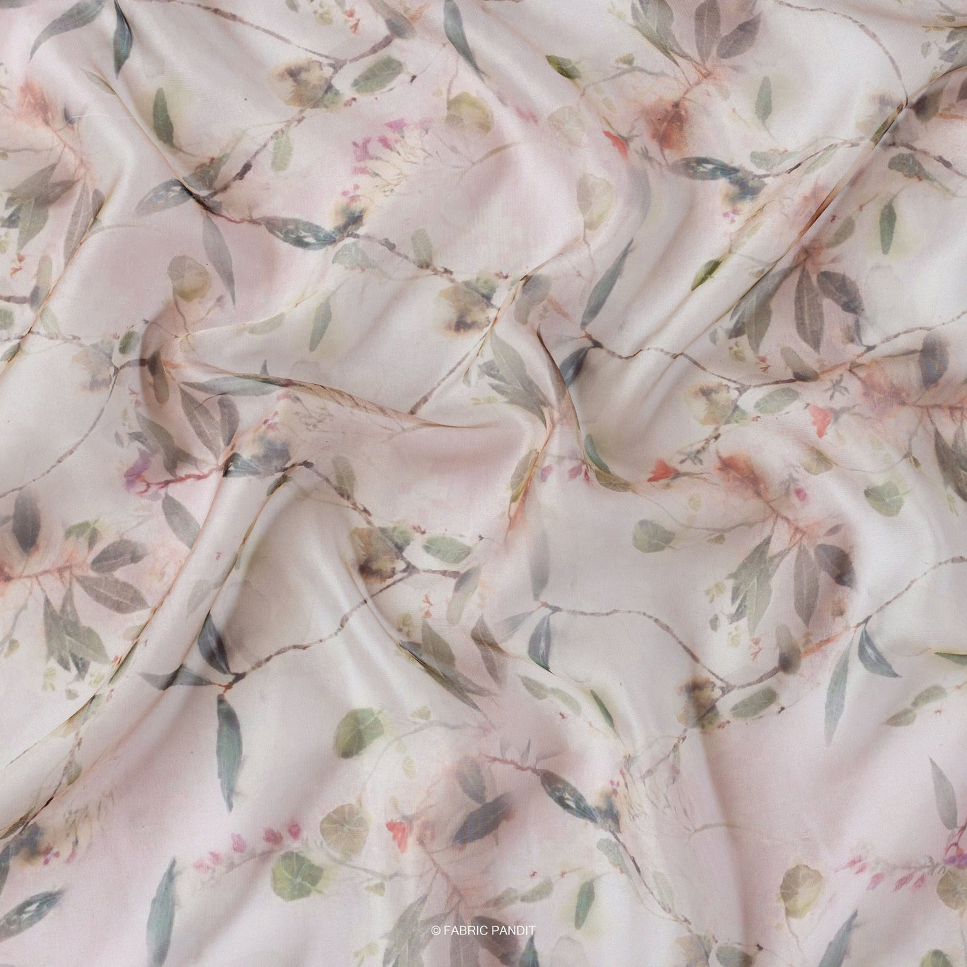 Fabric Pandit Fabric Light Peach Summer Leaves Digital Printed Taby silk Fabric (Width 44 Inches)
