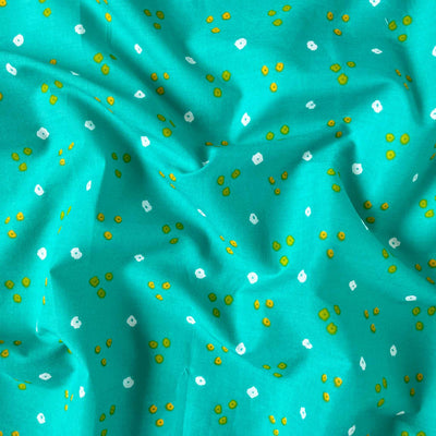 Fabric Pandit Fabric Light Turquoise and Yellow Dots and Triangles Bandhani Pattern Hand Block Printed Pure Cotton Fabirc Width (43 inches)