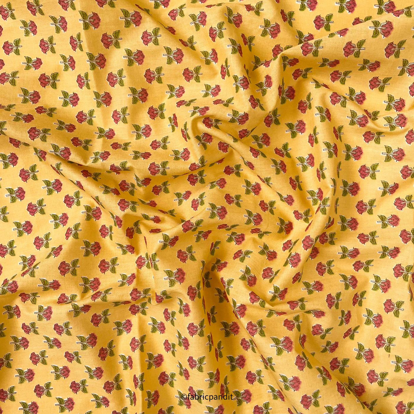 Fabric Pandit Fabric Mango Yellow and Peach Mini Lilies Hand Block Printed Pure Cotton Fabric (Width 42 inches)