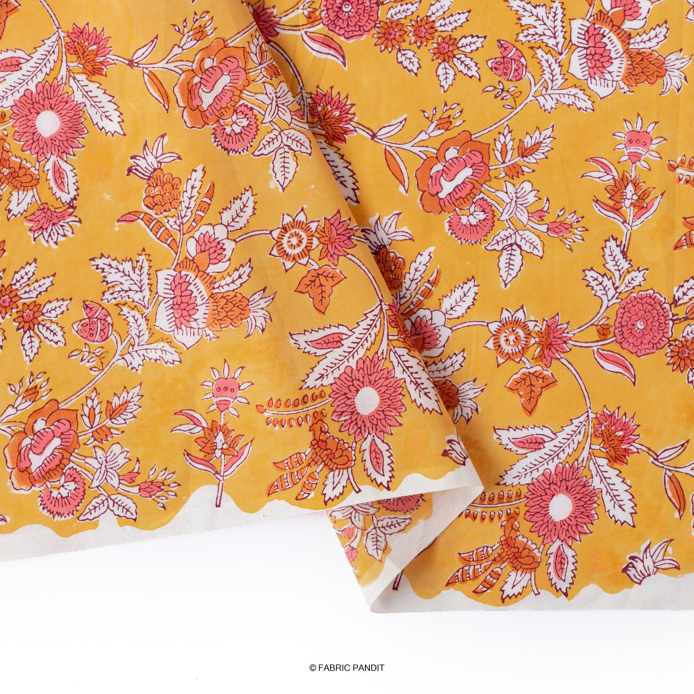 Fabric Pandit Fabric Mango Yellow & Pink Floral Vines All Over Screen Printed Pure Cotton Cambric Fabric (Width 44 Inches)