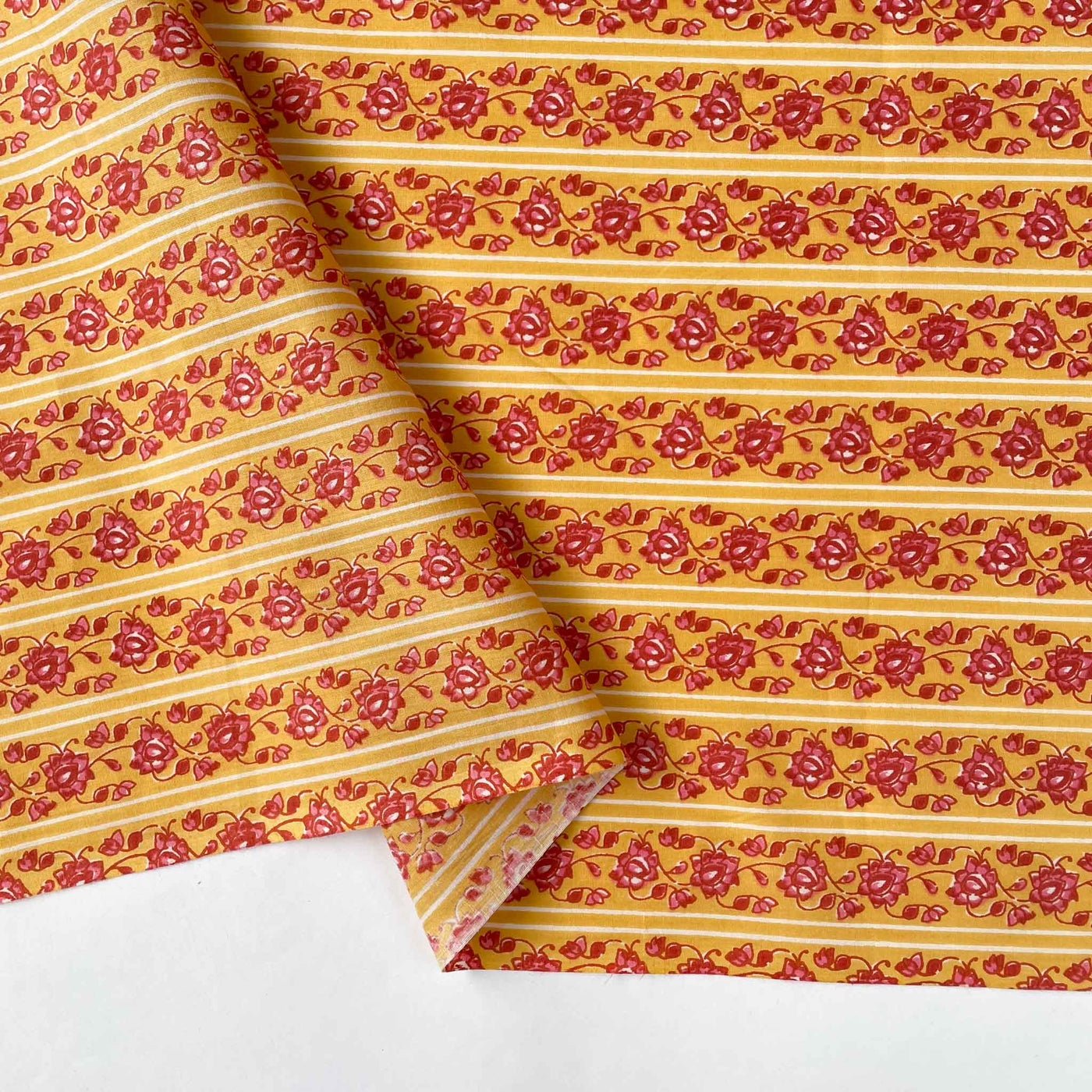 Fabric Pandit Fabric Mango Yellow & Pink Mughal Floral Stripes Hand Block Printed Pure Cotton Cambric Fabric (Width 42 Inches)