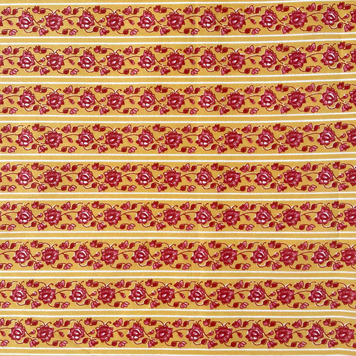Fabric Pandit Fabric Mango Yellow & Pink Mughal Floral Stripes Hand Block Printed Pure Cotton Cambric Fabric (Width 42 Inches)