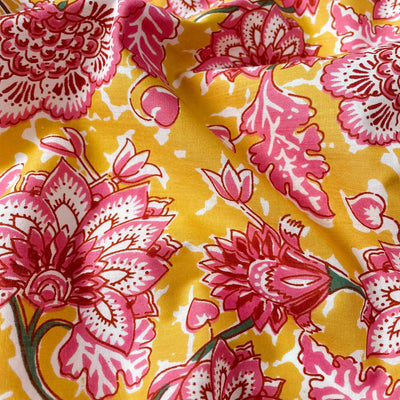Fabric Pandit Fabric Mango Yellow & Pink Mughal Floral Vines Hand Block Printed Pure Cotton Cambric Fabric (Width 42 Inches)