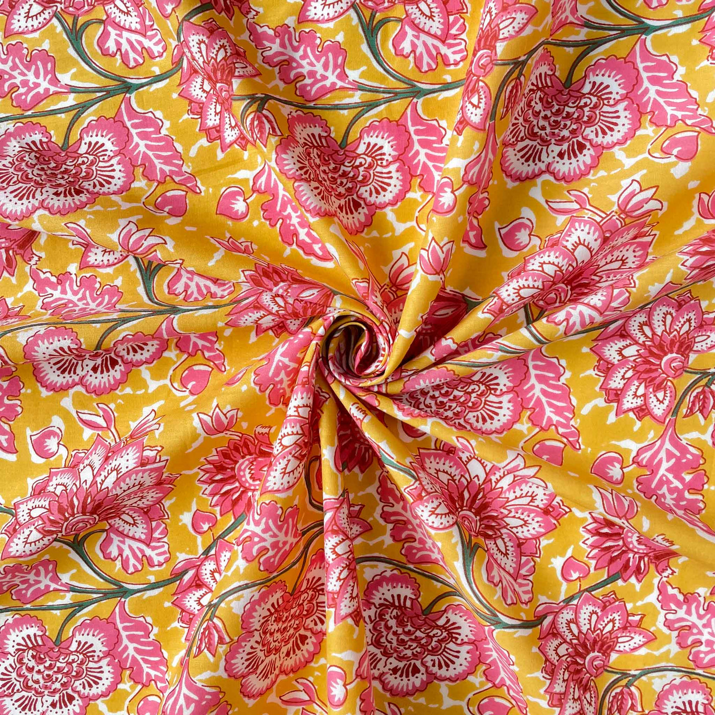 Fabric Pandit Fabric Mango Yellow & Pink Mughal Floral Vines Hand Block Printed Pure Cotton Cambric Fabric (Width 42 Inches)
