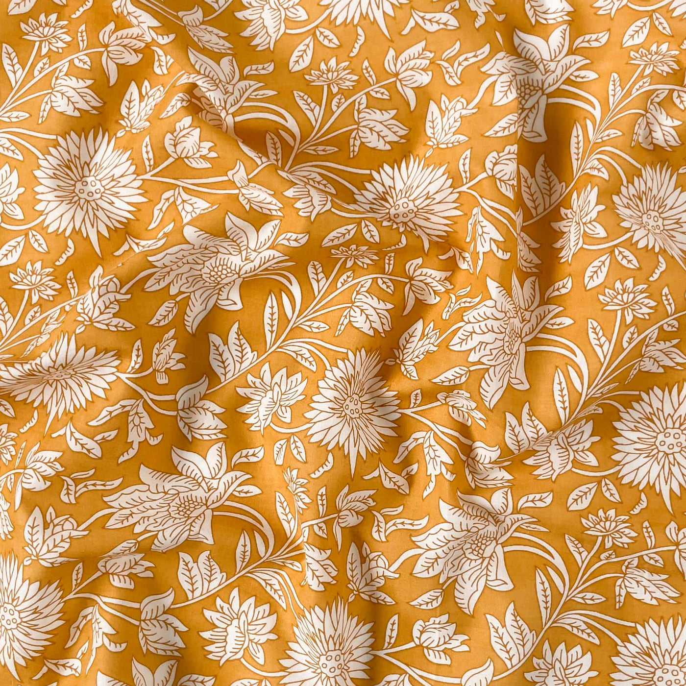 Fabric Pandit Fabric Mango Yellow & White Sunflowers and Lilies Screen Printed Pure Cotton Fabric (Width 43 inches)