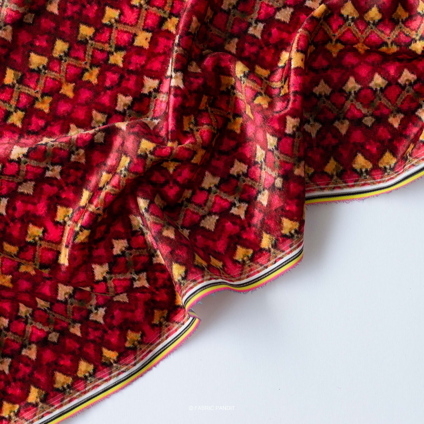 Fabric Pandit Fabric Maroon and Yellow Phulkari Geometric Pattern Digital Print Pure Velvet Fabric (Width 44 Inches)