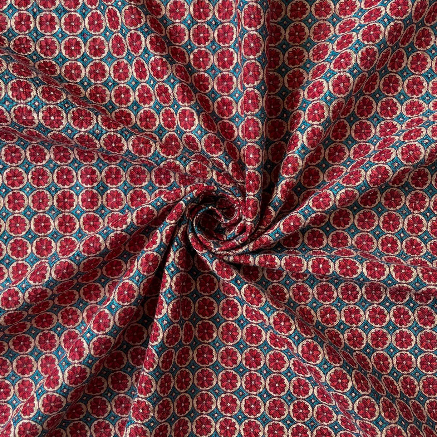 Fabric Pandit Fabric Maroon & Coral Blue Mediterranean Flora Hand Block Printed Pure Cotton Silk Fabric (Width 42 Inches)