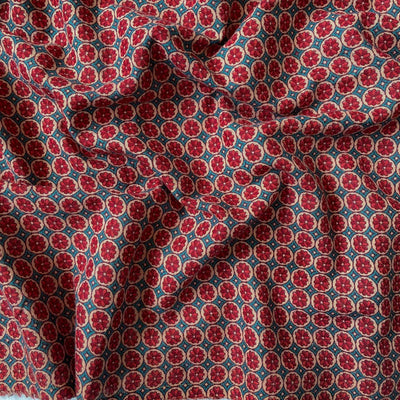 Fabric Pandit Fabric Maroon & Coral Blue Mediterranean Flora Hand Block Printed Pure Cotton Silk Fabric (Width 42 Inches)