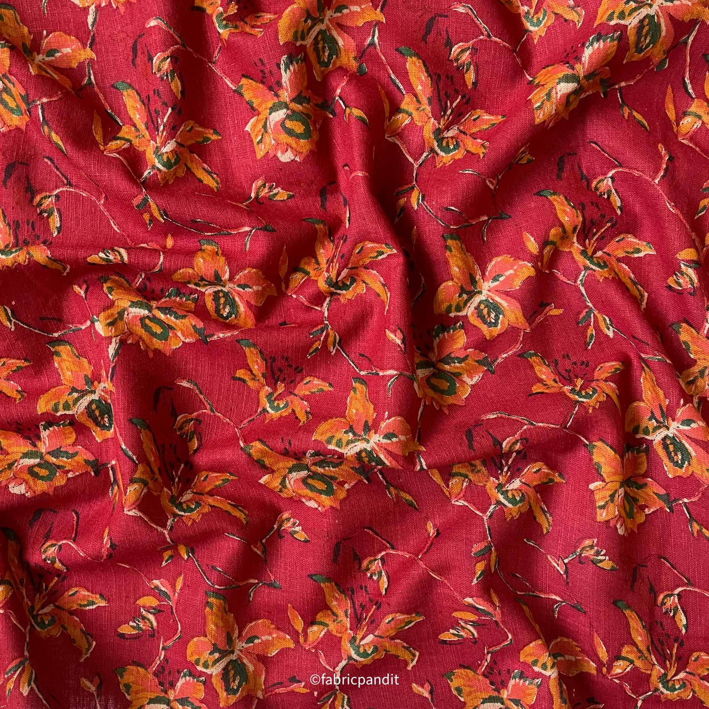 Fabric Pandit Fabric Maroon & Mustard Summer in Hawaii Floral Hand Block Printed Pure Cotton Silk Fabric (Width 42 Inches)