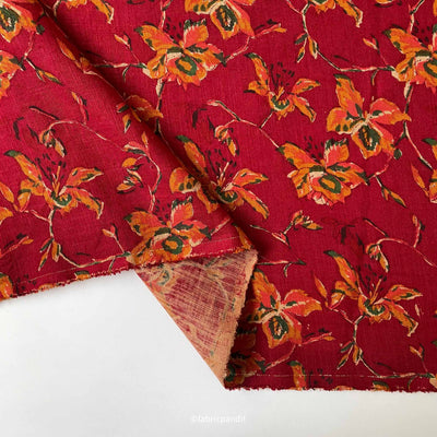 Fabric Pandit Fabric Maroon & Mustard Summer in Hawaii Floral Hand Block Printed Pure Cotton Silk Fabric (Width 42 Inches)