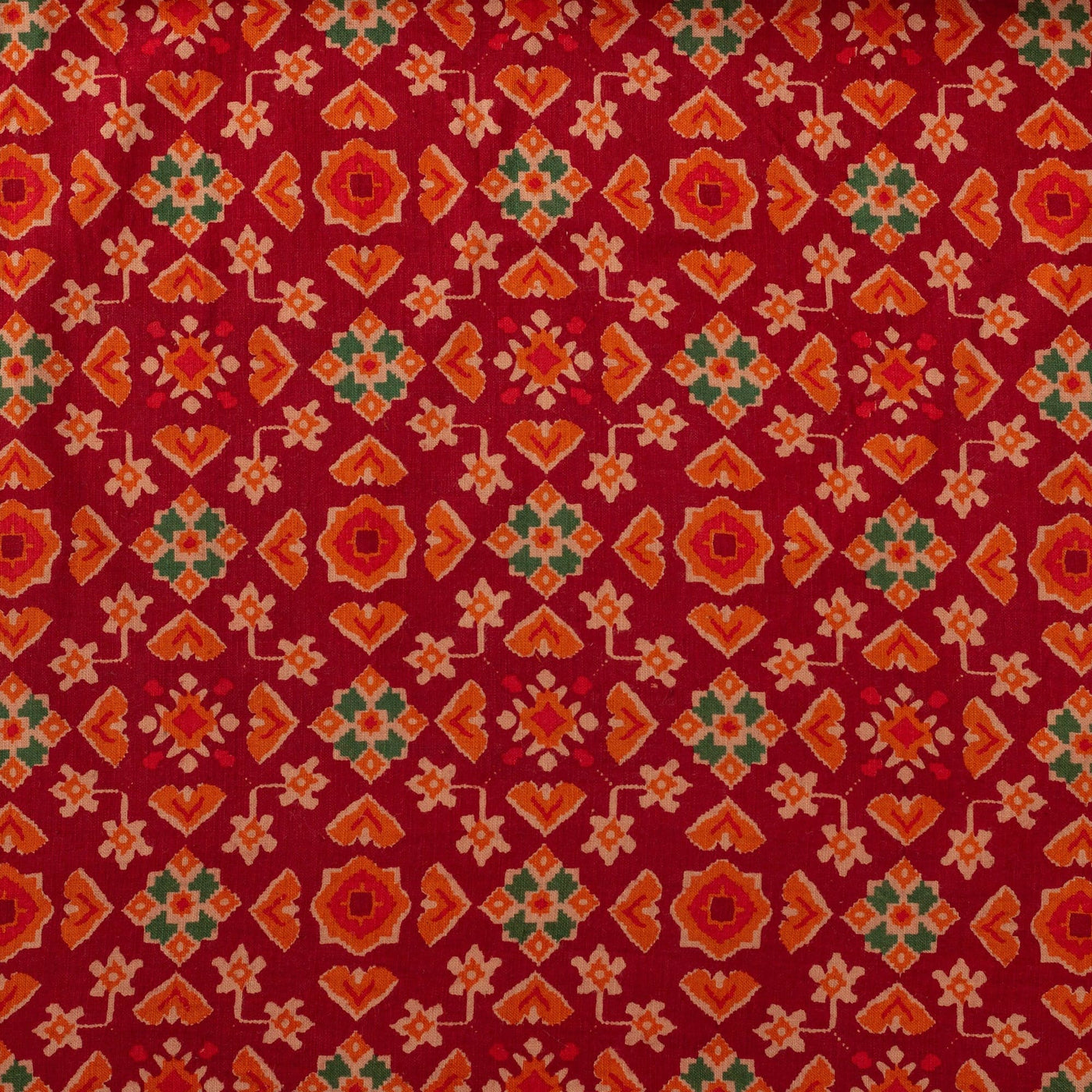Fabric Pandit Fabric Maroon & Orange Phulkari Pattern Hand Block Printed Pure Cotton Silk Fabric (WIdth 42 Inches)