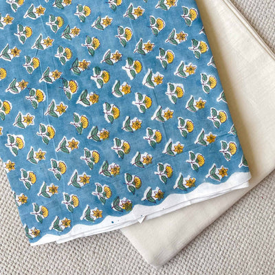 Fabric Pandit Fabric Men's English Blue and Yellow Mughal Flower Pattern | Hand Block Printed Pure Cotton Kurta Fabric (2.5 meters) | And Cotton Pyjama (2.5 meters) | Unstitched Combo Set