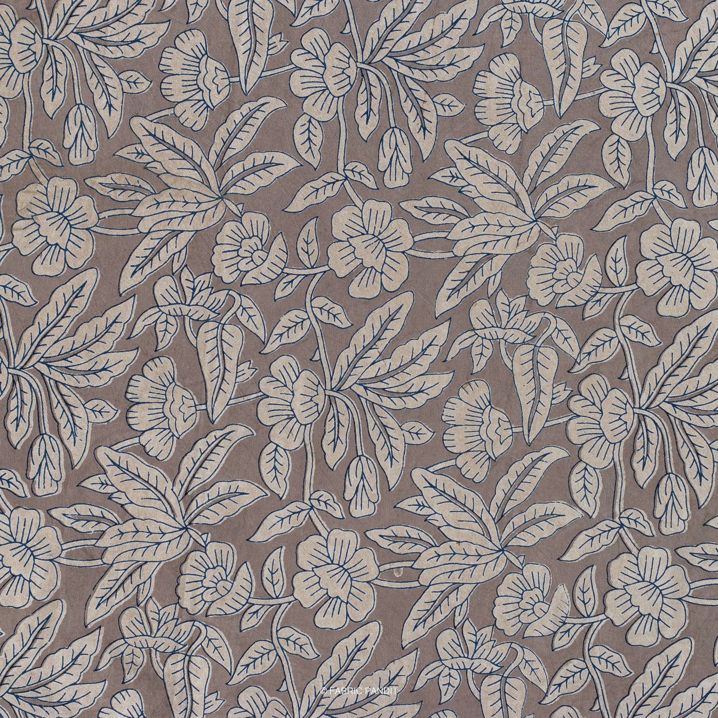 Fabric Pandit Fabric Mud Brown Floral Vines Hand Block Printed Pure Cotton Fabric (Width 43 Inches)