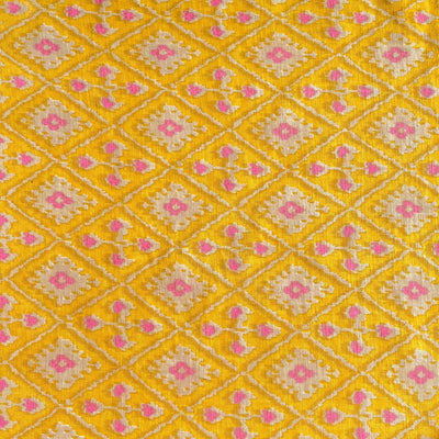 Fabric Pandit Fabric Mustard and Orange Phulkari Ikat Hand Block Printed Pure Cotton Silk Fabric (Width 42 Inches)