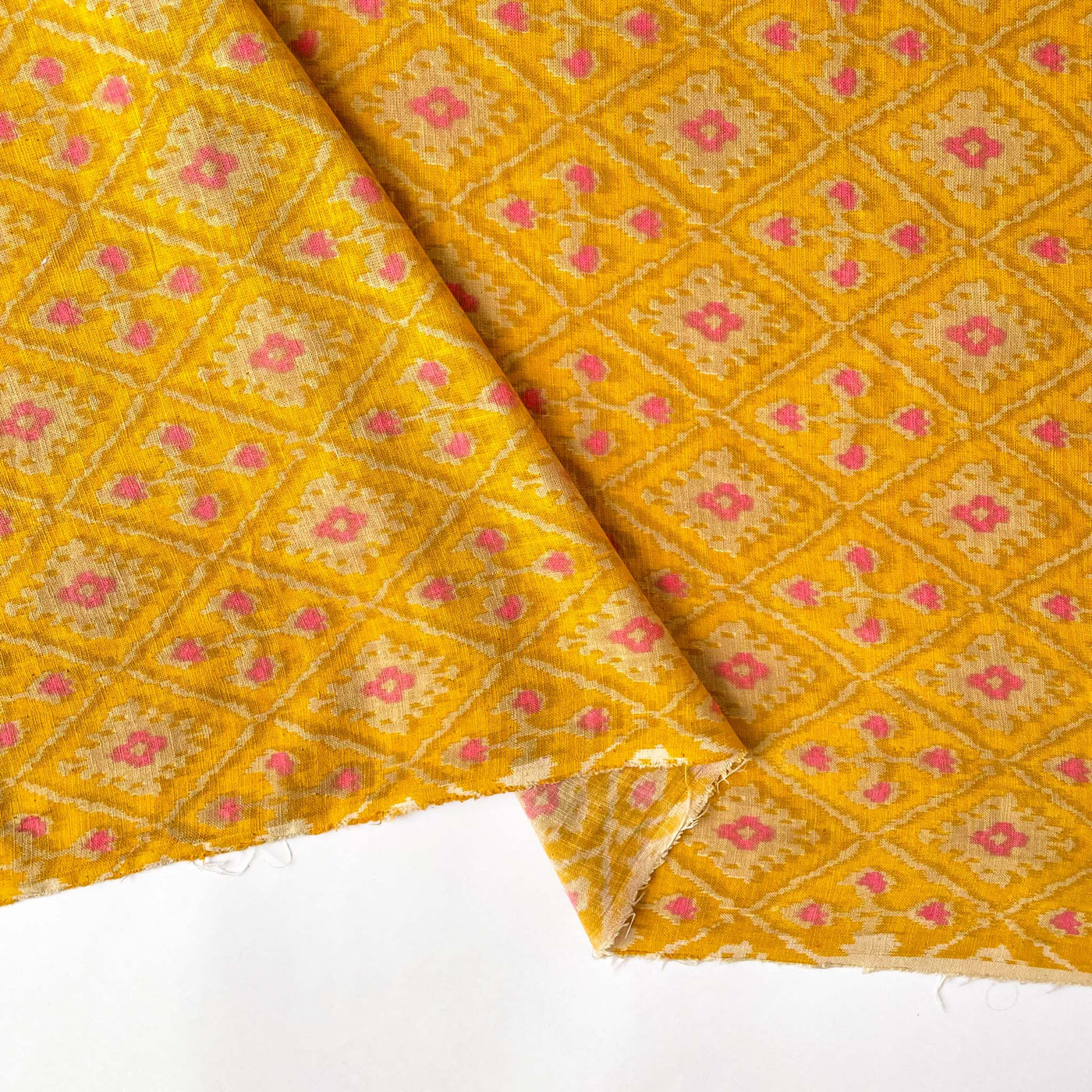 Fabric Pandit Fabric Mustard and Orange Phulkari Ikat Hand Block Printed Pure Cotton Silk Fabric (Width 42 Inches)
