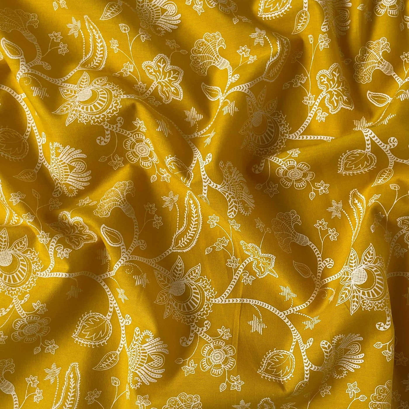 Fabric Pandit Fabric Mustard and White Abstract Floral Vines Hand Block Printed Pure Cotton Fabirc Width (43 inches)