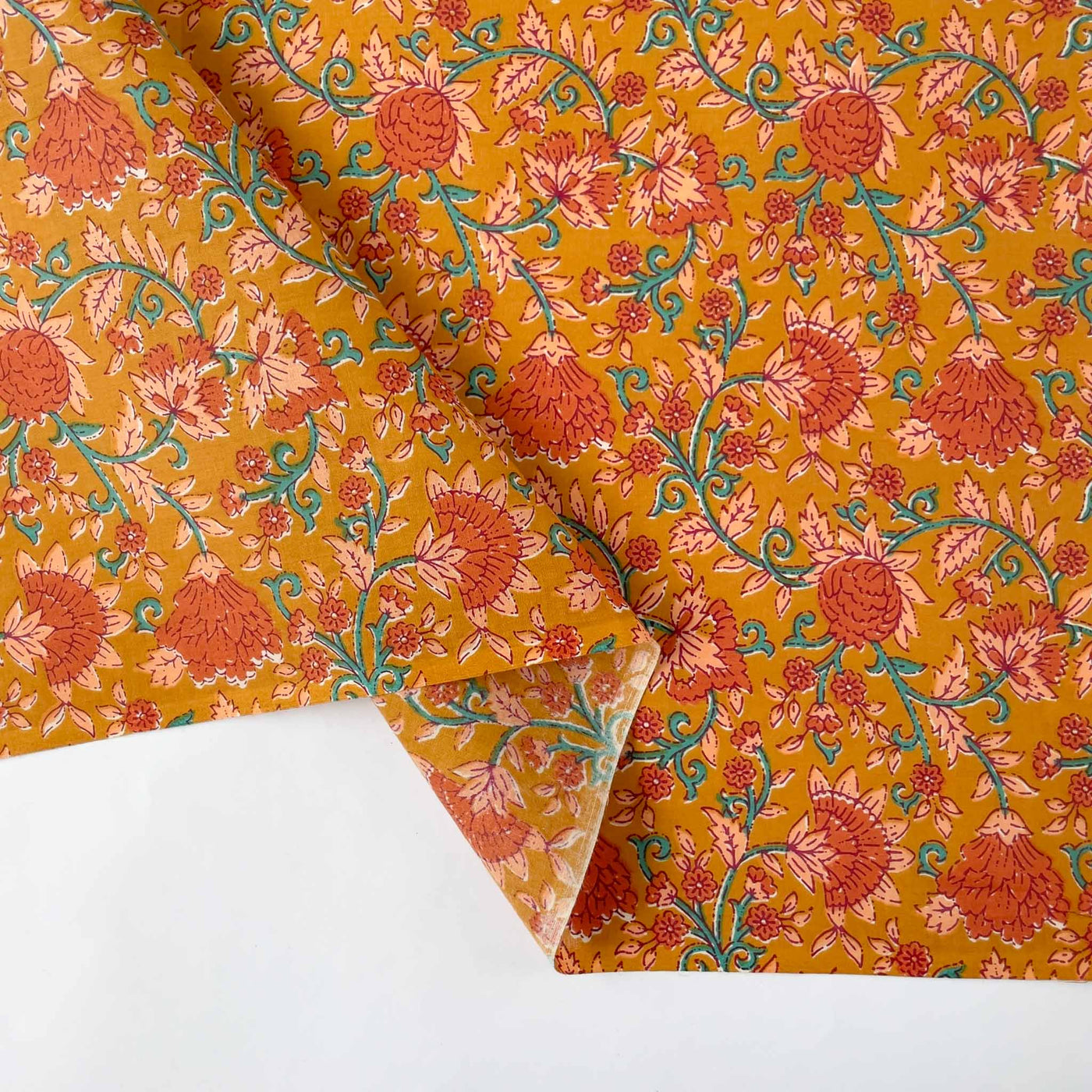 Fabric Pandit Fabric Mustard & Peach Egyptian Floral Vines Screen Printed Pure Cotton Fabric (Width 43 inches)