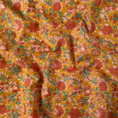 Fabric Pandit Fabric Mustard & Peach Egyptian Floral Vines Screen Printed Pure Cotton Fabric (Width 43 inches)
