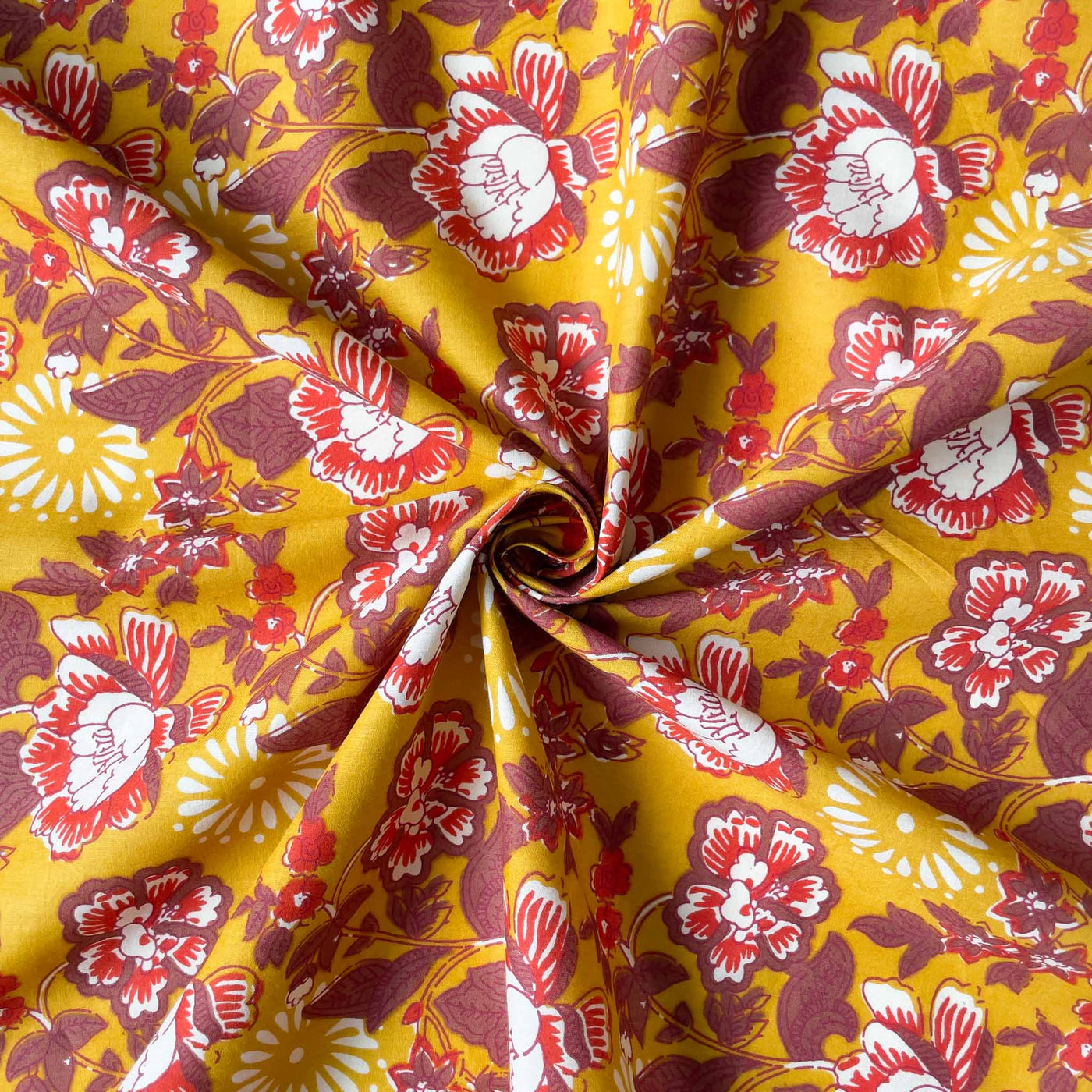 Fabric Pandit Fabric Mustard Yellow & Brown Abstract Floral Screen Printed Pure Cotton Fabric (Width 43 inches)