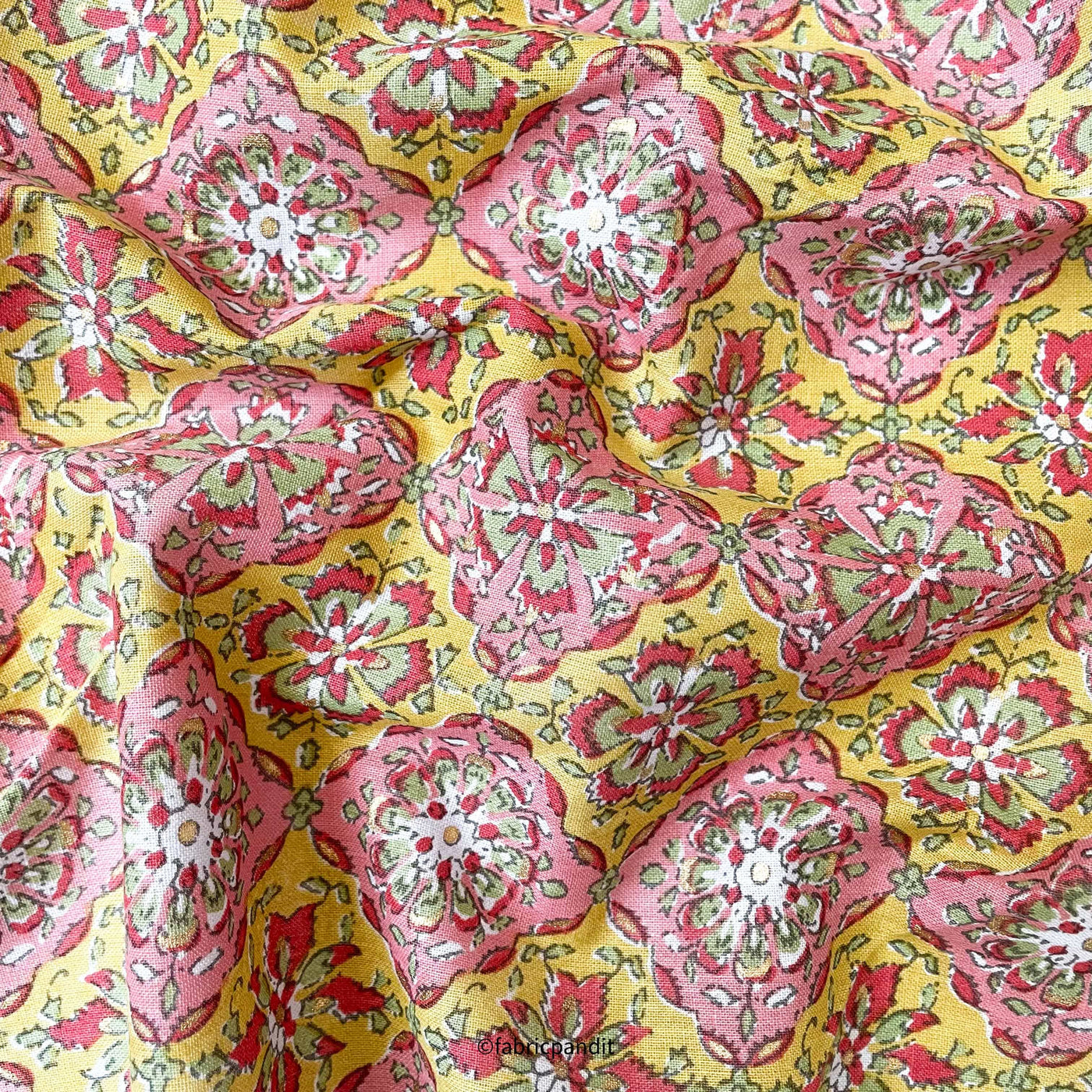 Fabric Pandit Fabric Mustard Yellow & Rose Pink Geometric Floral Hand Block Printed With Foil Pure Cotton Fabric (Width 42 inches)