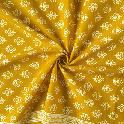 Fabric Pandit Fabric Mustard Yellow & White Geometric Sunflowers Hand Block Printed Pure Cotton Fabirc Width (43 inches)