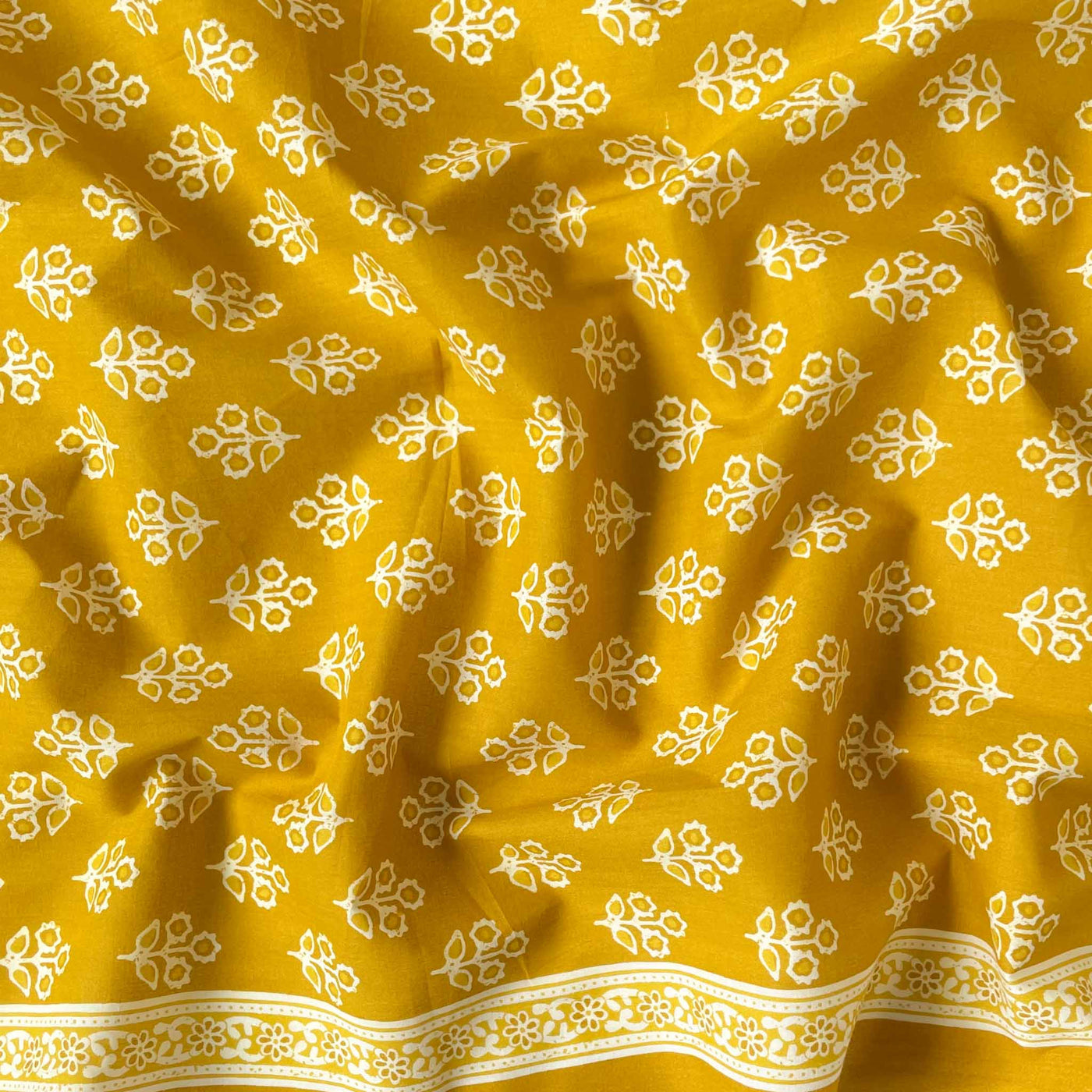 Fabric Pandit Fabric Mustard Yellow & White Geometric Sunflowers Hand Block Printed Pure Cotton Fabirc Width (43 inches)