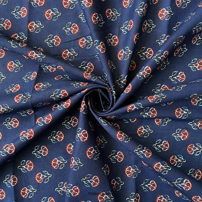 Fabric Pandit Fabric Navy Blue & Red Mini Tulips Hand Block Printed Pure Cotton Fabric (Width 42 inches)