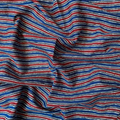 Fabric Pandit Fabric Navy Blue & Red Rough Stripes Hand Block Printed Pure Cotton Fabric (Width 42 inches)