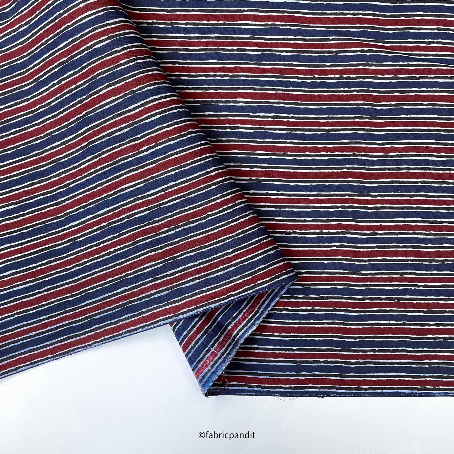 Fabric Pandit Fabric Navy Blue & Red Rough Stripes Hand Block Printed Pure Cotton Fabric (Width 42 inches)